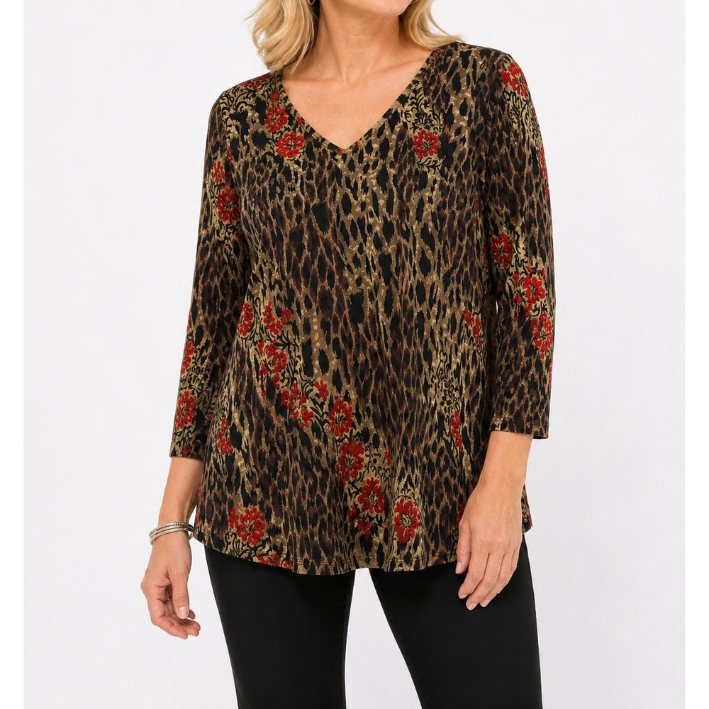 Coldwater Creek Womens XXL Leopard Floral V-Neck 3/4 Sleeve Tunic Blouse Brown